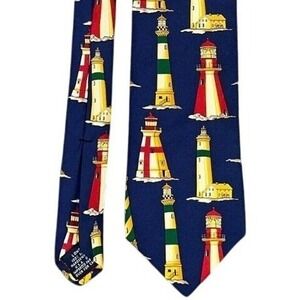 Lands End Tie Mens Long Blue Lighthouse Boating Dock Club Preppy Resort USA Made